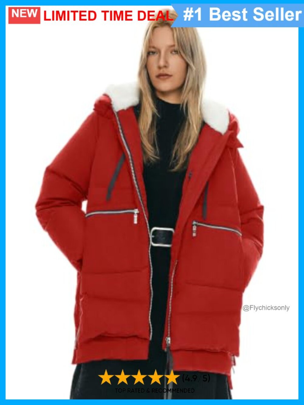 Thickened Down Puffer Jacket Loose Fit Fleece-Lined Hood Winter Coat